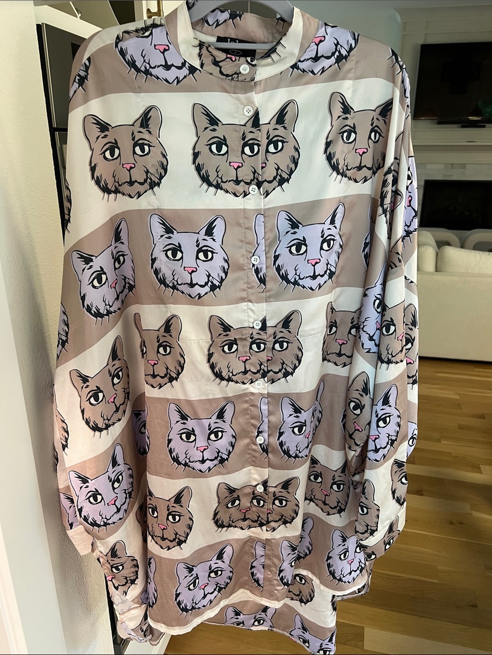 Dressed in LALA Beige and Lavender Cat Print Button-Up Pantsuit Top